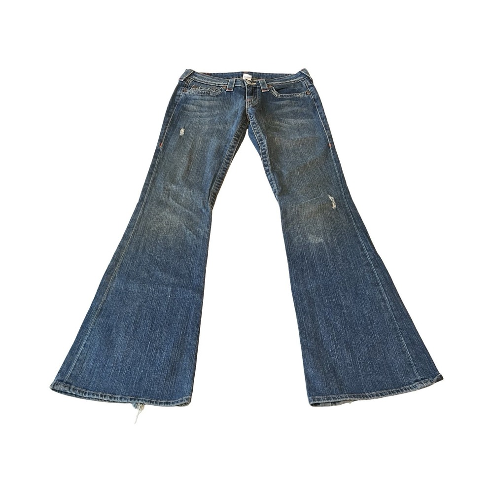 True Religion Bobby Row Flare Jeans Blue Medium‎ Wash Distressed Low Rise TRW627